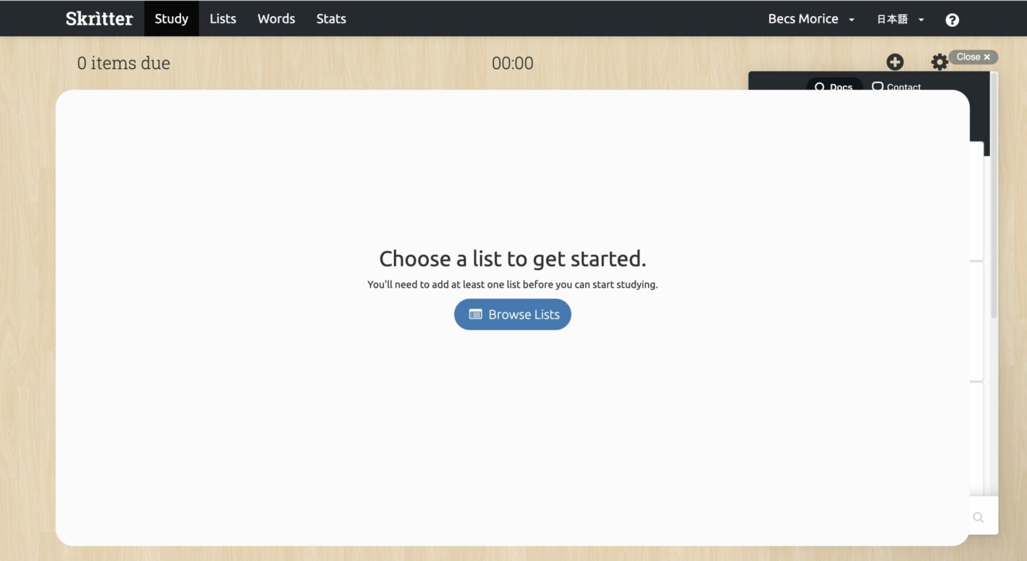 A screenshot of Skritter's web version with a prompt to choose a list.