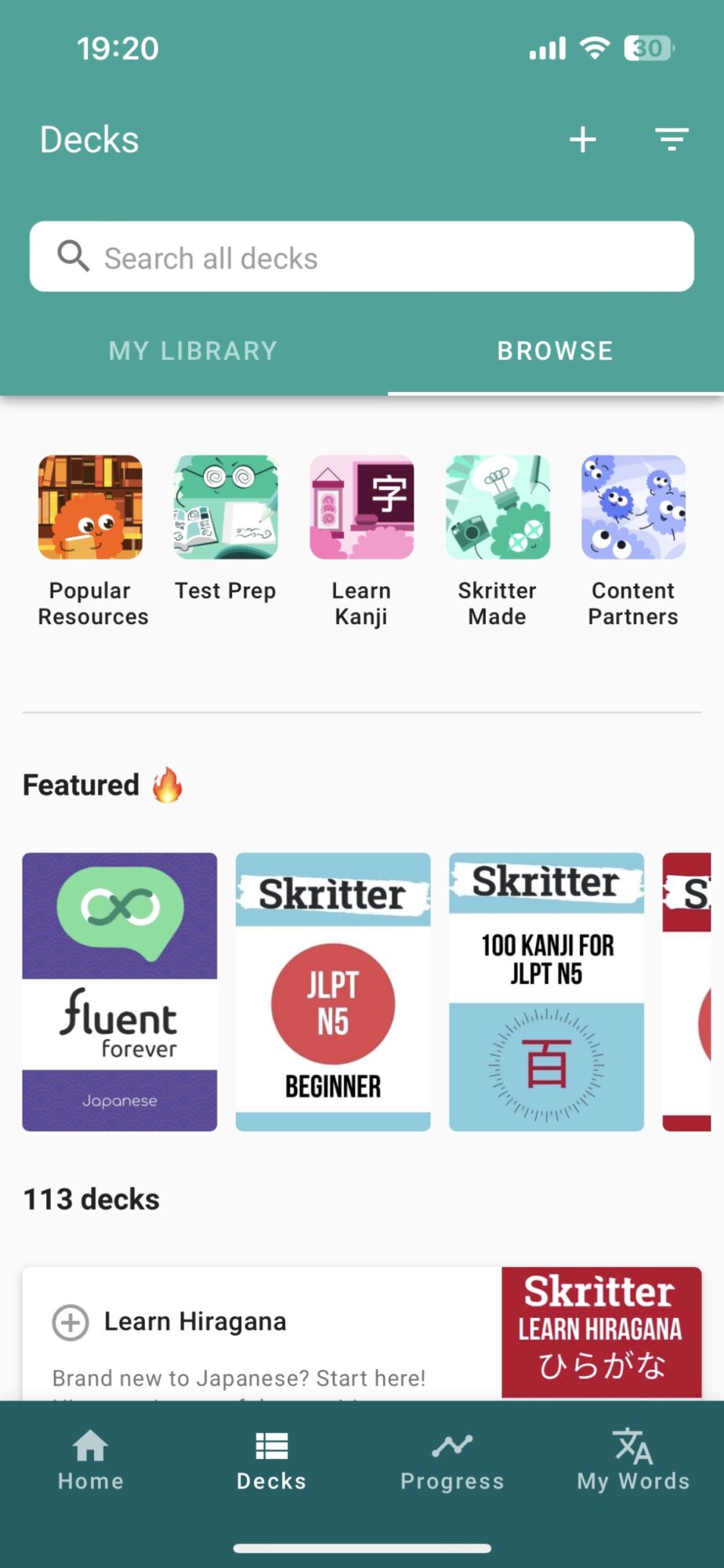 A screenshot of the browse tab in the decks section on the Skritter app.