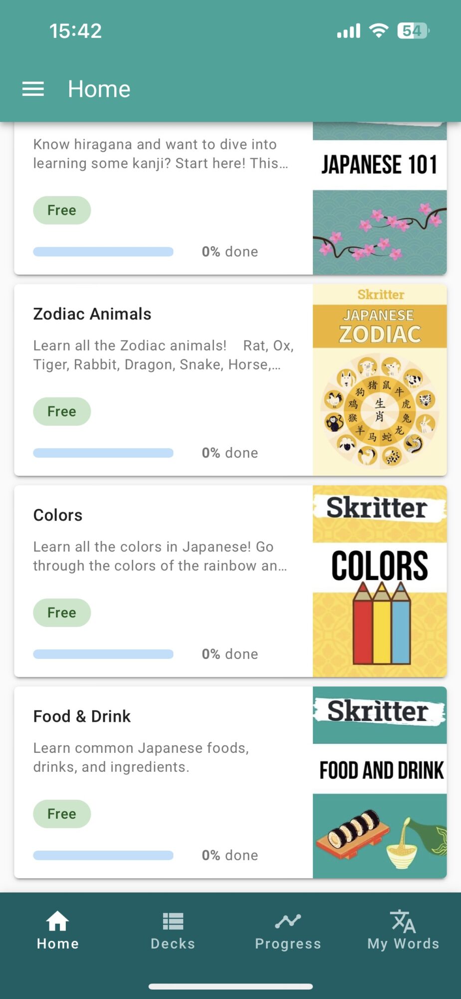 A screenshot of the free version of Skritter on mobile, showing some of the decks you get free access to.
