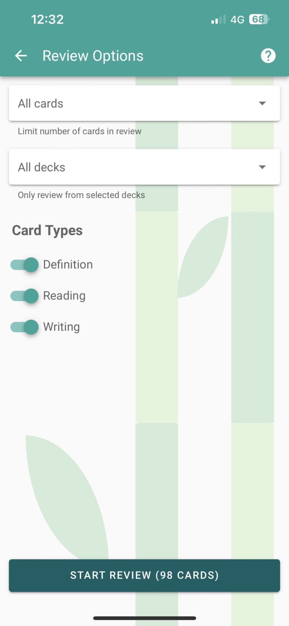 A screenshot of the due card filters on the Skritter app.