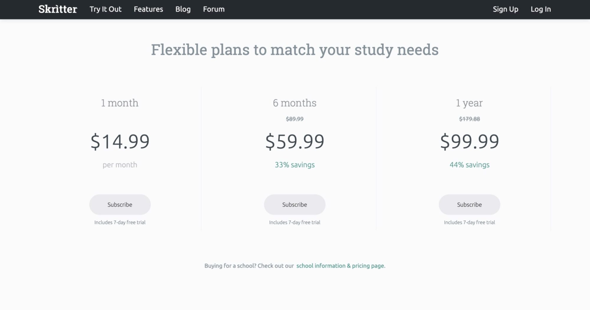 A screenshot of Skritter's pricing options.